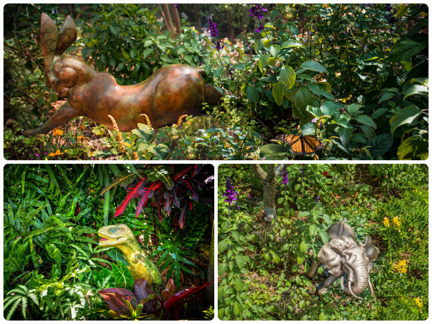 3 statues, Hare, T-Rex and Elephant